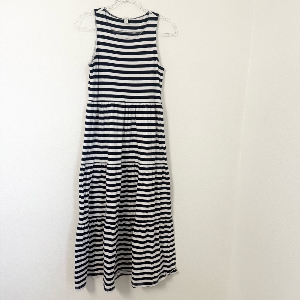 J. Crew Navy & White Striped Tiered Knit Maxi Dress Cotton Vacation Size S